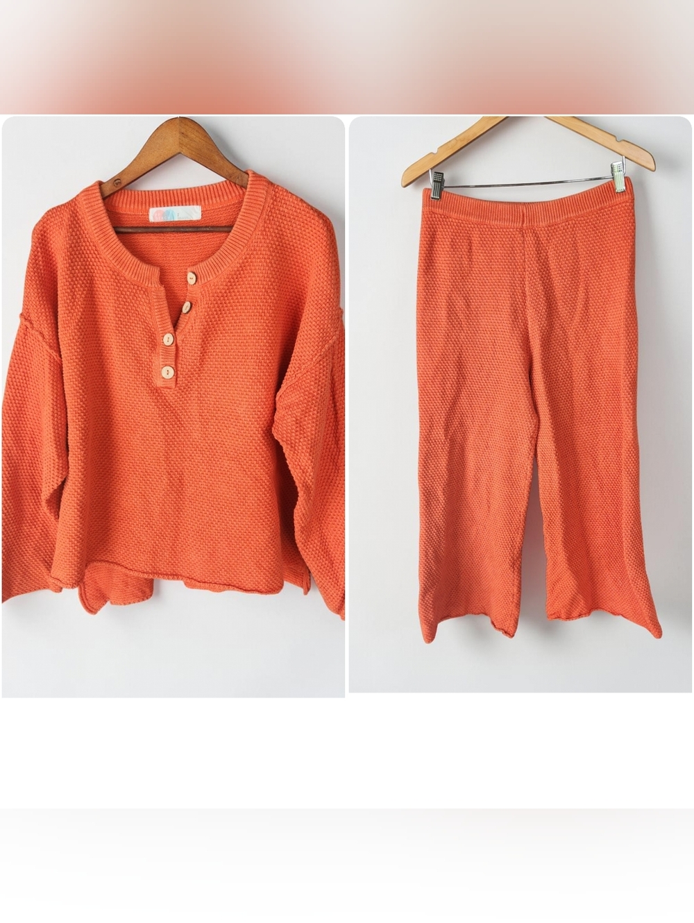 Free People Beach Hailee Waffle Knit Set Womens S Burnt Orange Wide Leg Henley - Picture 2 of 16